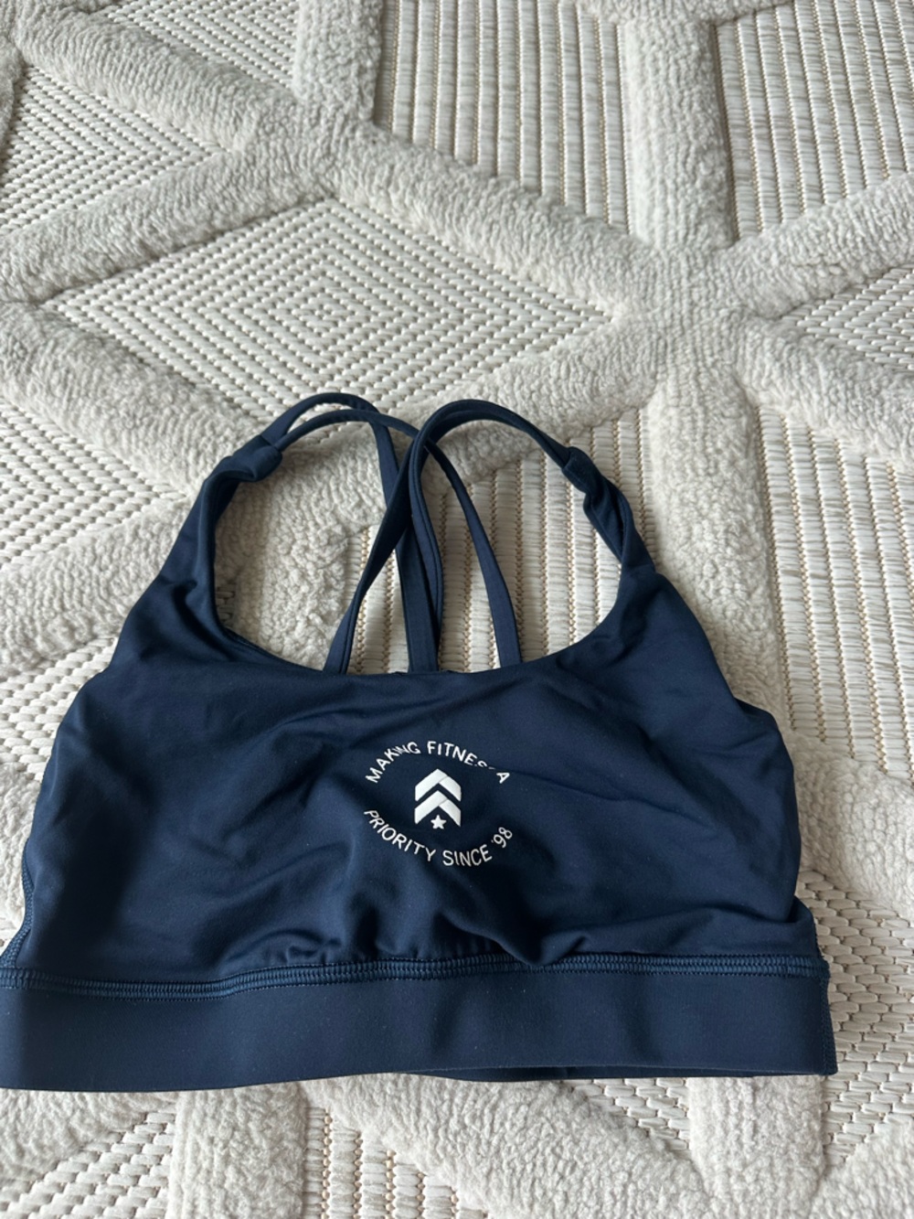 Navy Strappy Sports Bra with White Logo